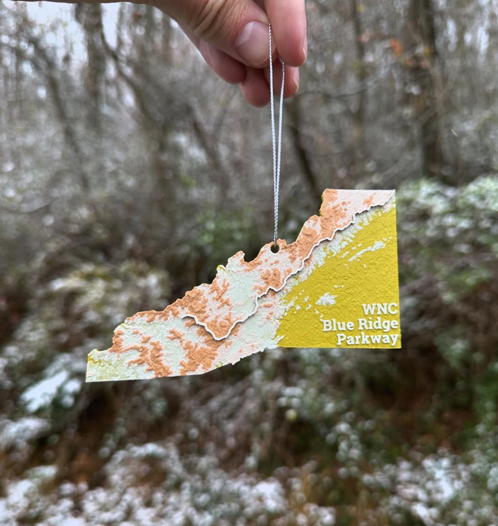 Map of blue ridge parkway across western north carolina as a christmas ornament